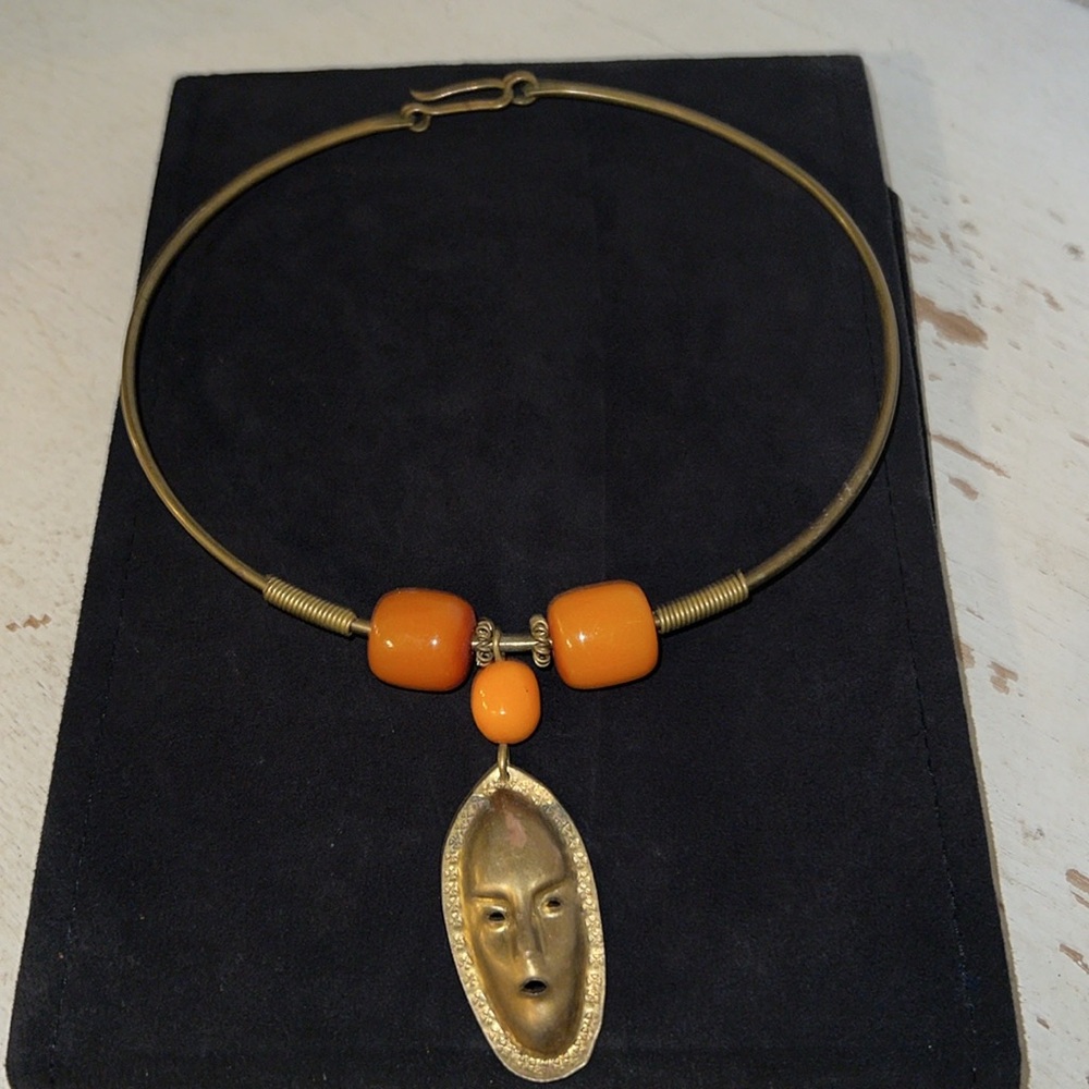 Vintage Boho abstract brass choker necklace with pendant butterscotch beads